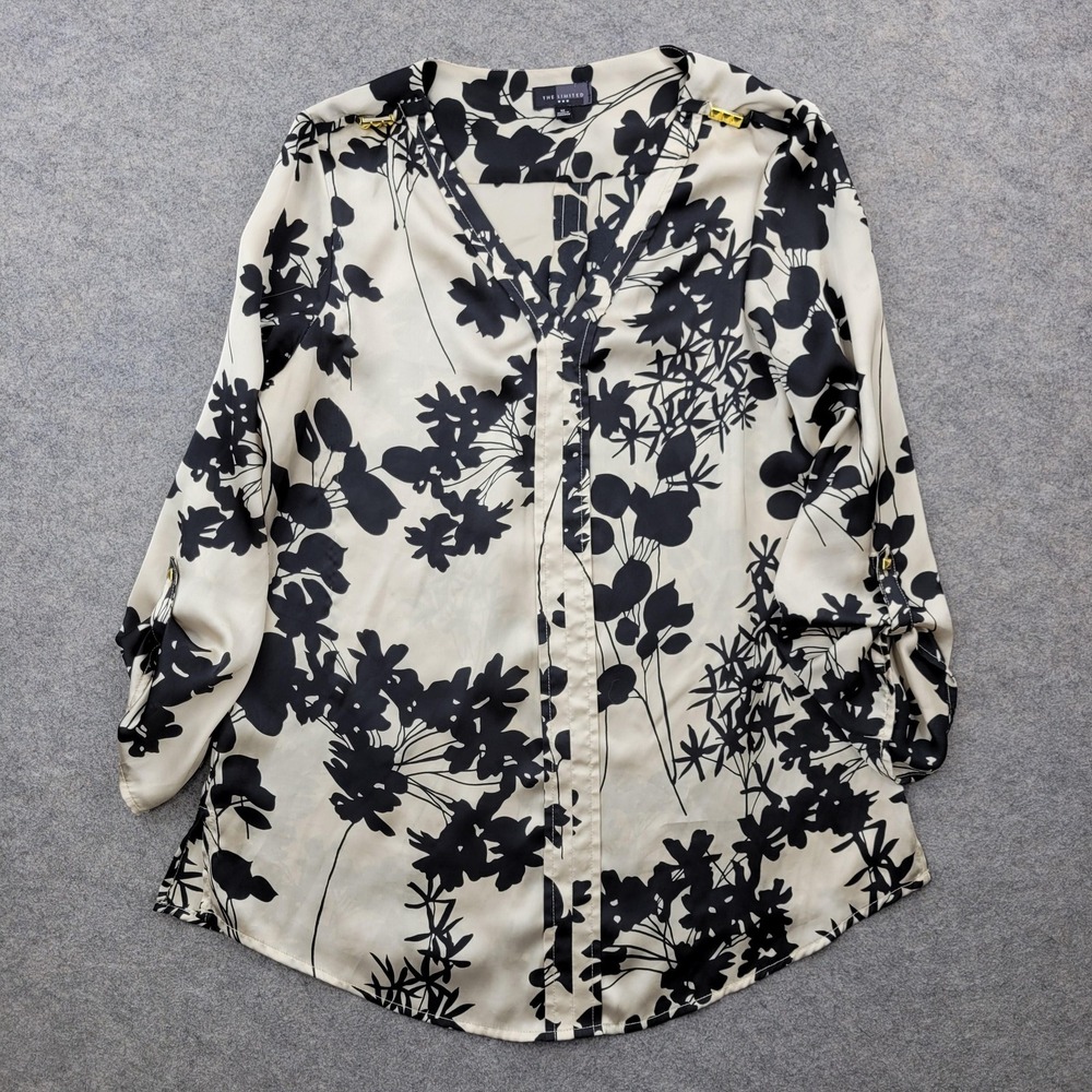 The Limited Blouse Womens Medium White Black Floral V Neck Roll Tab Tunic Top